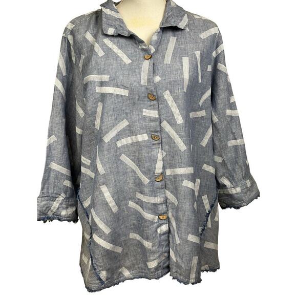 John Mark blue/white linen tunic, 1X, artsy, coastal, relaxed, earthy, Lagom - Picture 1 of 4